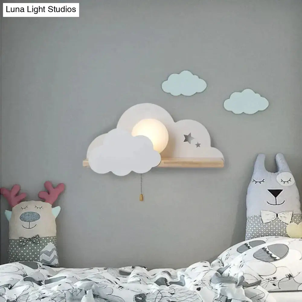 White macaron led cloud wall lamp shaped like a cloud with star cutouts and built-in circular light for children bedroom