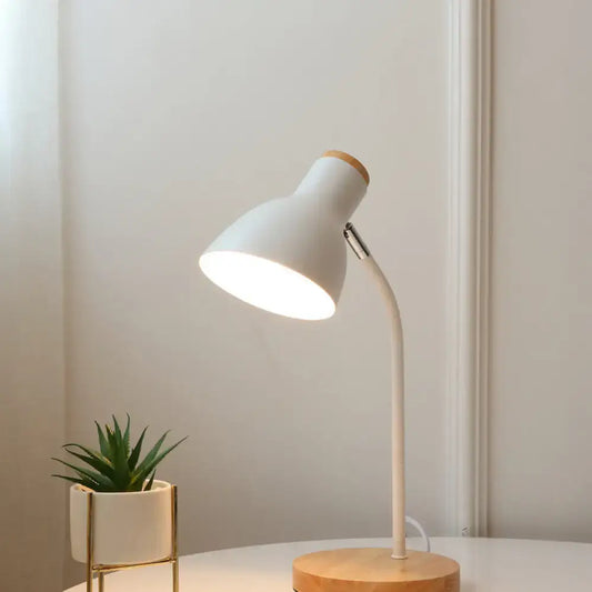 White macaron metal table light with adjustable gooseneck design featuring a white ceramic lamp and wooden base