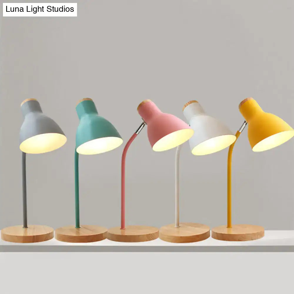 Five adjustable gooseneck table lights with white pink green macaron metal shades and wooden bases for bedroom use