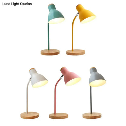 Set of five modern white pink green macaron metal table lights with adjustable gooseneck and wooden bases for bedroom use