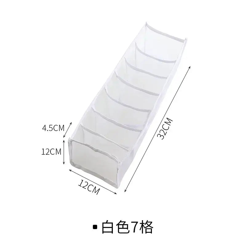 White mesh organizer box set with seven compartments and a lightweight flexible design for bedroom wardrobe storage