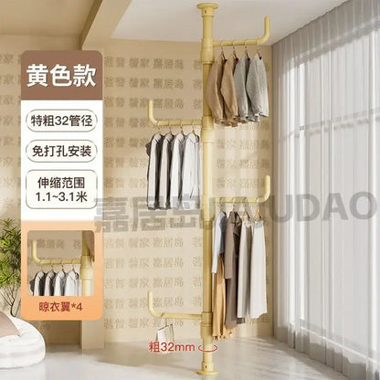 Yellow metal multi tiered ladder clothing storage hanging rail with multiple bars and four built-in hangers coat rack decorbites clothing storage
