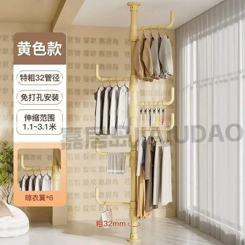 Yellow 32mm pipe-style multi tiered coat rack with six built-in hangers for decorbites clothing storage hanging