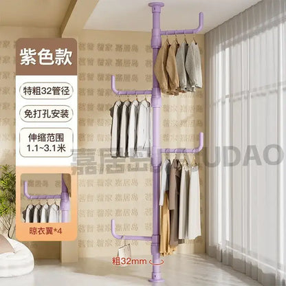 Purple plastic multi tiered coat rack with multiple hanging bars and built-in drying racks for decorbites clothing storage