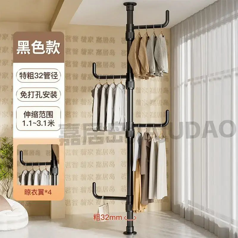 Black metal adjustable height coat rack with four hangers for decorbites clothing storage hanging in bedroom