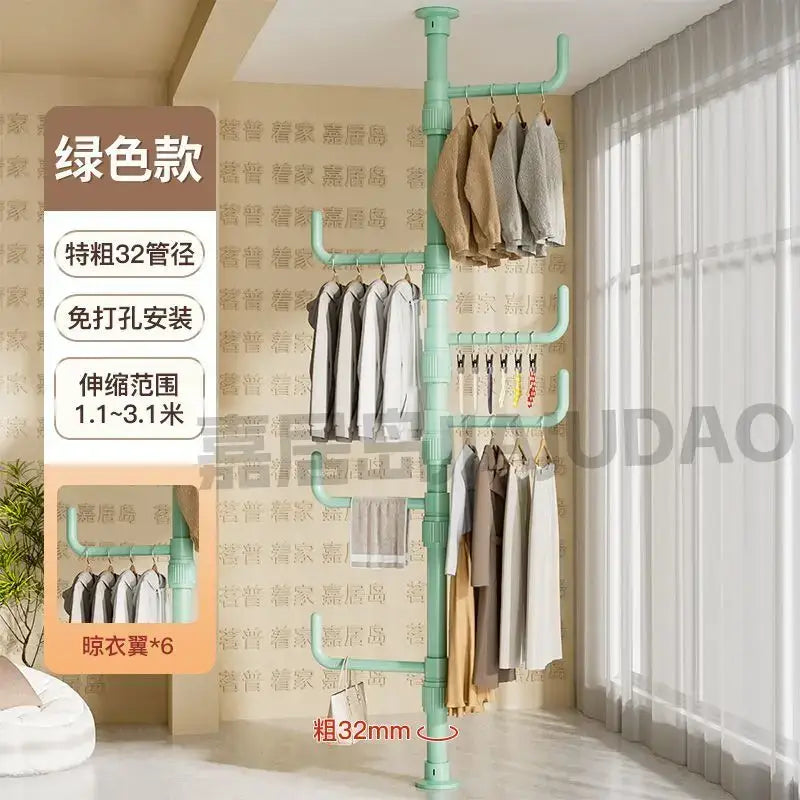 A mint green pipe-style coat rack with multiple hanging levels and six built-in hangers for decorbites clothing storage