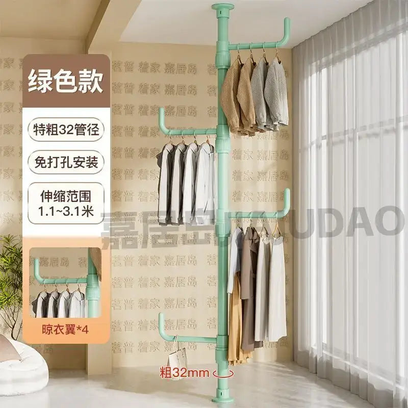 A mint green 32mm pipe-style coat rack with four built-in hangers for decorbites clothing storage hanging rail use