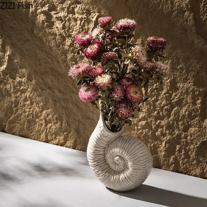 White nautilus conch ceramic vase with intricate spiral ridges by decorbites conch for bedroom and office decorbites conch ceramic