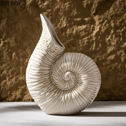 White nautilus conch ceramic vase with intricate spiral ridges and gold accents for bedroom and office decorbites conch ceramic