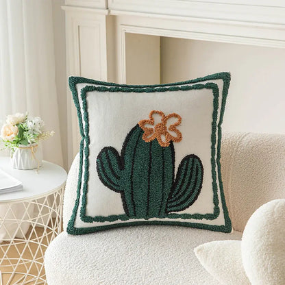 White and orange cactus embroidery throw pillow cover with textured yarn and green border for living room decorbites decor