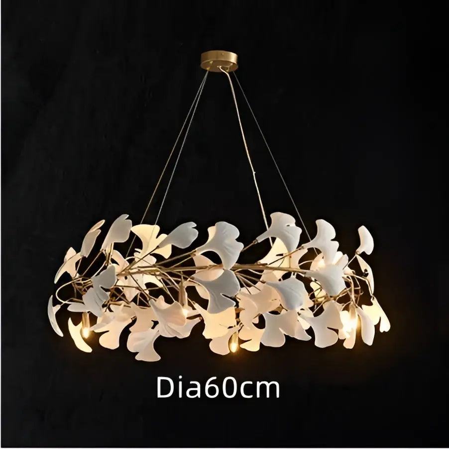 White orchid decorbites ginkgo chandelier with white ginkgo leaf shades in a circular ring for living room pendant light