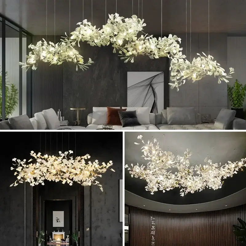 Elegant white orchid decorbites ginkgo chandelier with delicate petal elements suspended for living room lighting