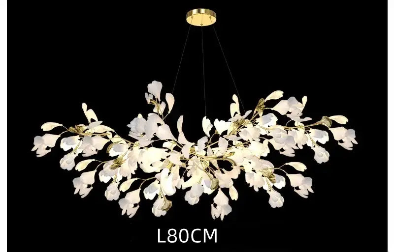 White orchid decorbites ginkgo chandelier with delicate white floral design and gold-toned accents for living room lighting