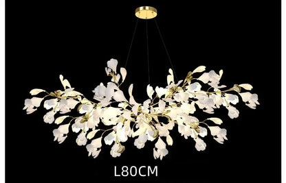 White orchid decorbites ginkgo chandelier with delicate white floral design and gold-toned accents for living room lighting