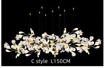 White orchid decorbites ginkgo chandelier with delicate white petals and slender gold stems for living room pendant lighting