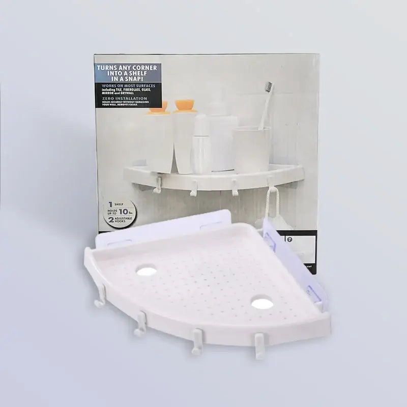 White plastic corner bathroom shelf organizer caddy with adjustable hooks and a perforated surface bathroom shelf