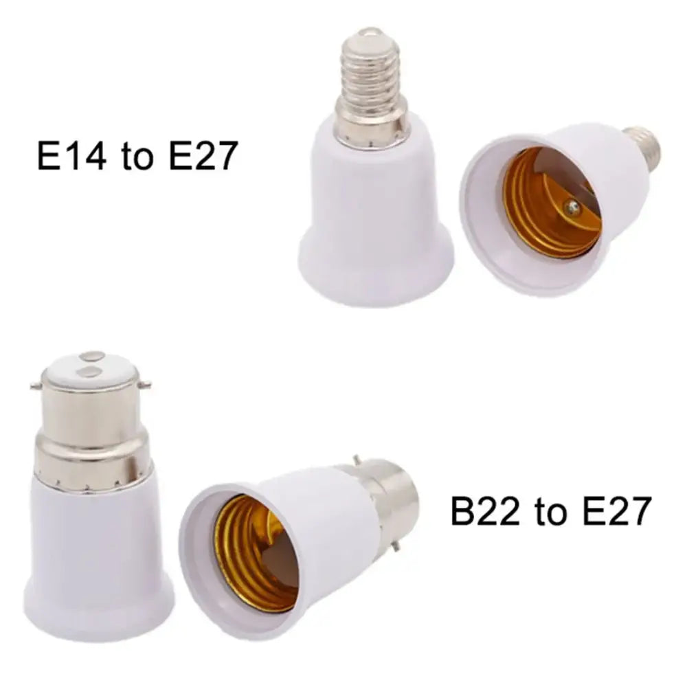 White plastic and metal lamp base converter adapters for e14 to e27 and b22 to e27 socket conversions