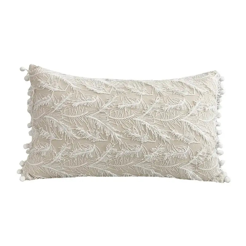 Beige rectangular cushion cover with white embroidered feather plum blossom butterfly pattern and pom-pom trim decorbites 3d plum