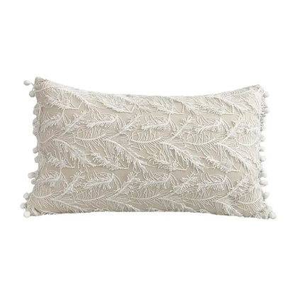 Beige rectangular cushion cover with white embroidered feather pattern and pom-pom trim for living room decorbites 3d plum blossom butterfly design
