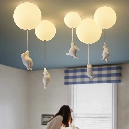White polar bear ceramic pendant light with spherical glowing orbs cord pendant for kids bedroom lighting