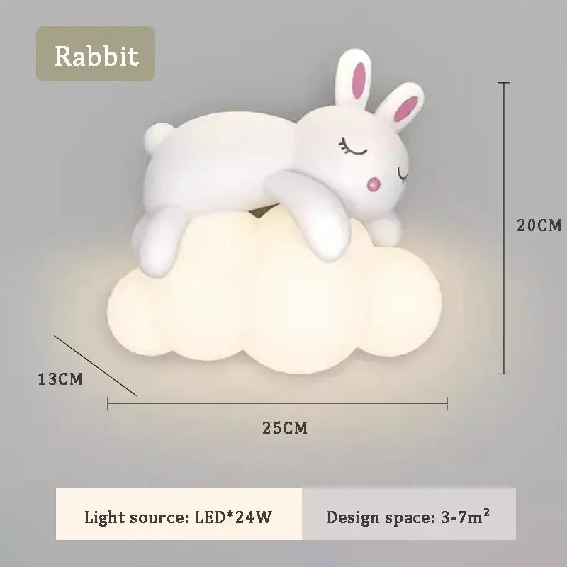 White bear led wall lamp shaped like a sleeping rabbit on a cloud with pink ears and soft glow for childrens bedroom