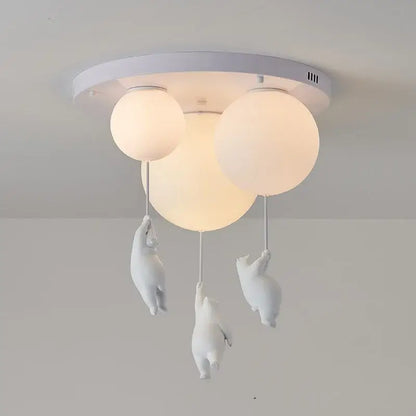 White ceramic polar bear resin pendant light with three frosted glass shades for childrens room ceiling lighting