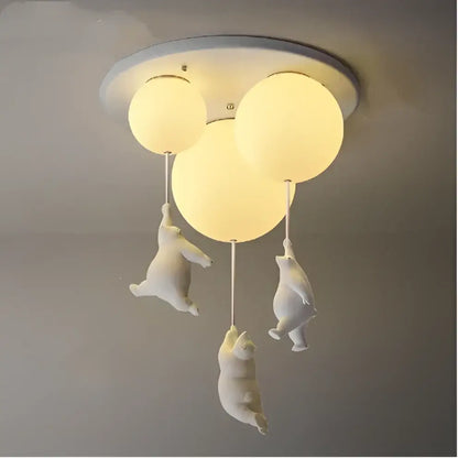 White polar bear resin pendant light with three spherical bulbs in ceramic for childrens room ceiling fixture