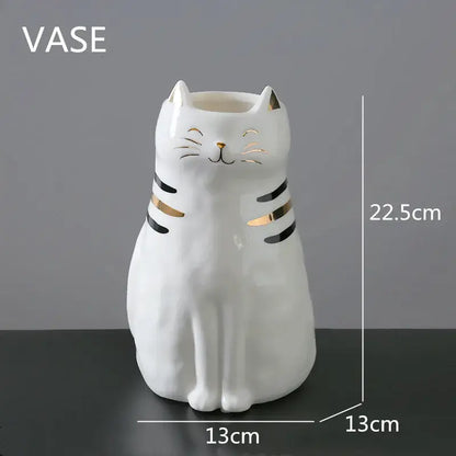 White porcelain cat vase with black and gold stripes decorbites cat vase for living room decor ornament
