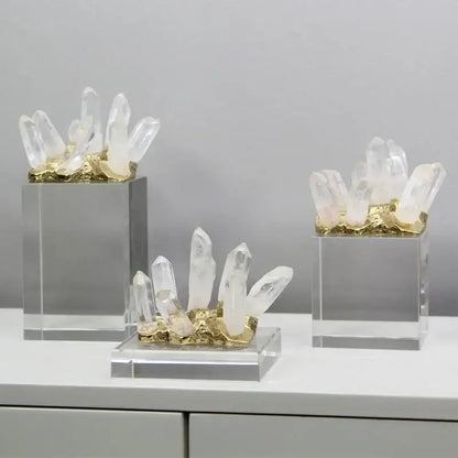 White quartz crystal stone marble ornament set with clear quartz clusters on gold bases for living room decor