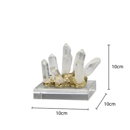 White quartz crystal stone marble ornament cluster on gold-toned base with acrylic stand for living room decor