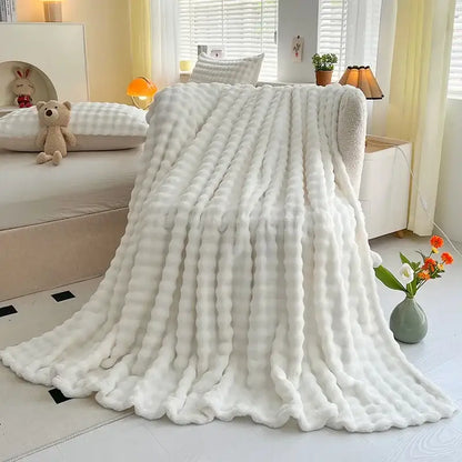 White plush knitted throw blanket with ribbed bubble velvet texture by decorbites bubble velvet for bedroom decor