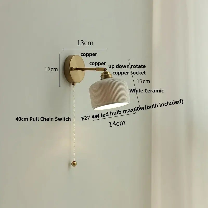 Copper-finished decorbites ceramic led wall sconce with white ribbed ceramic lampshade and adjustable rotating socket