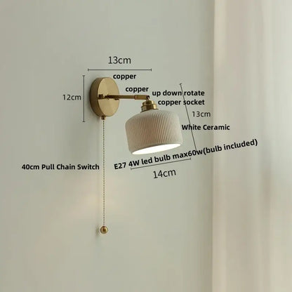 Copper-finished decorbites ceramic led wall sconce with white ribbed ceramic lampshade and adjustable rotating socket