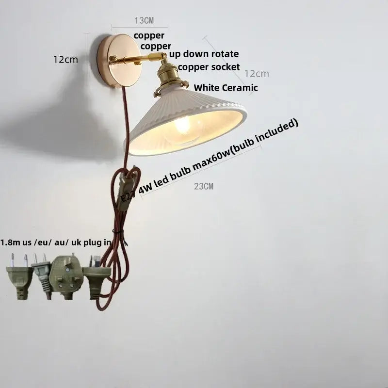 Copper-finished ceramic led wall sconce with white ribbed ceramic shade and adjustable rotating socket for bedroom decorbites ceramic led