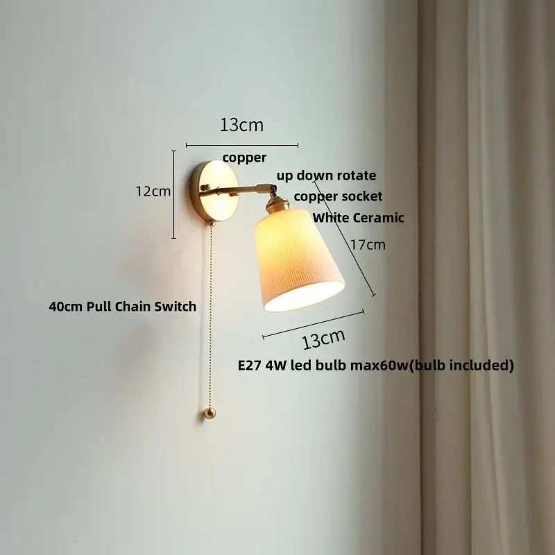 Copper-finished led wall sconce with white ribbed ceramic led shade and adjustable pull chain by decorbites ceramic led