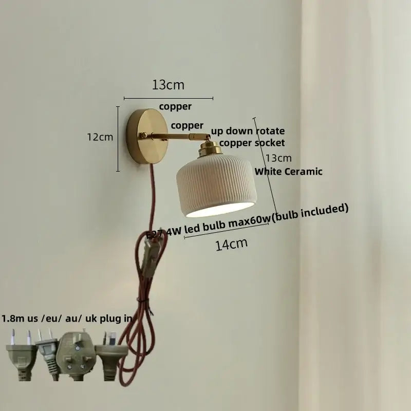 White ribbed ceramic led wall sconce with a polished copper arm for bedroom decorbites ceramic led lighting