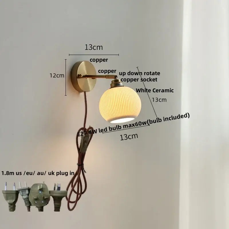 White ribbed ceramic led wall sconce with copper finish and pull chain ideal for bedroom decorbites ceramic led lighting