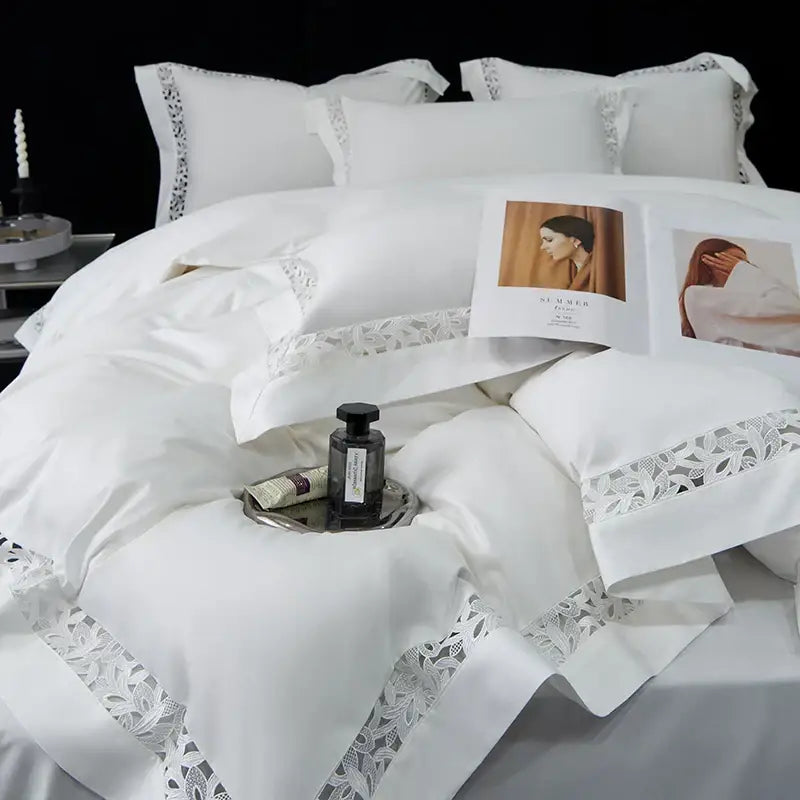 White satin lace bedding set with delicate trim in decorbites 1200tc egyptian cotton for elegant bedroom decor