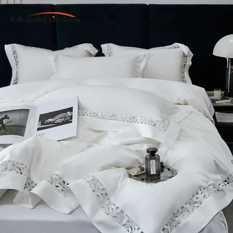White satin lace 1200tc egyptian cotton bedding set with delicate lace trim for elegant bedroom decorbites 1200tc egyptian