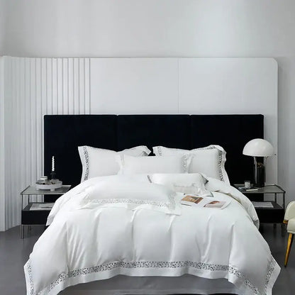 Elegant white satin bedding set with delicate silver lace trim made from decorbites 1200tc egyptian cotton material