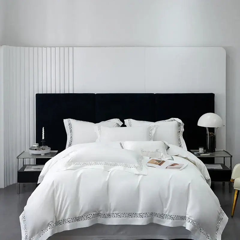 Elegant white satin bedding set with delicate silver lace trim made from decorbites 1200tc egyptian cotton material