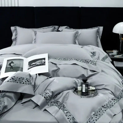 Gray satin bedding set with intricate black lace trim made from decorbites 1200tc egyptian cotton for elegant bedroom decor