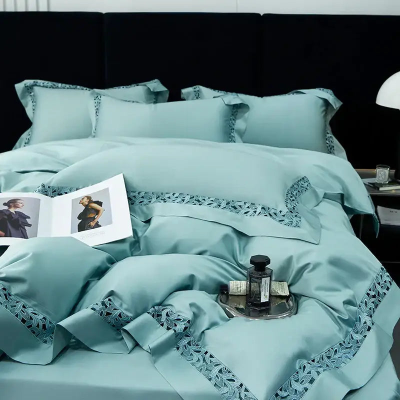 Teal satin bedding set with delicate lace trim in decorbites 1200tc egyptian cotton for elegant bedroom decor