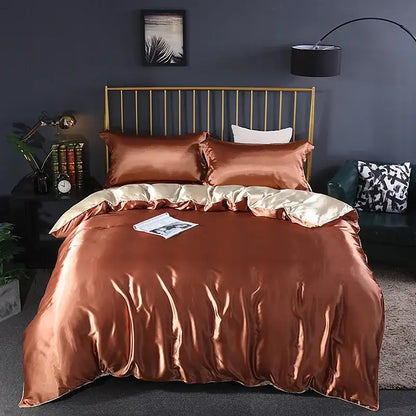 Copper satin duvet cover set with matching pillowcases and cream inner lining in a white satin silk blend cover set