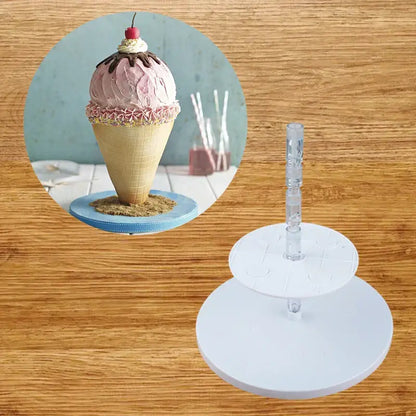 White two-tiered layer cake stand with clear plastic column from a white silicone layer cake frame kit kitchen tool