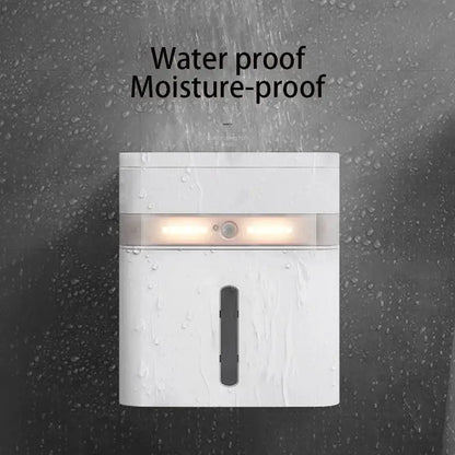 White rectangular wall-mounted toilet paper holder with induction light and vertical slot for paper towels in bathroom