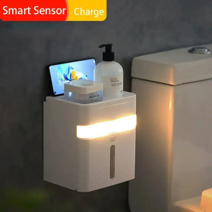 White smart sensor wall-mounted toilet paper holder with induction light and phone charging slot for bathroom use