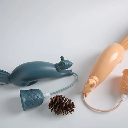 Blue plastic squirrel-shaped usb cable charger with fish-scale patterned end cap as a decorative focal point accessory