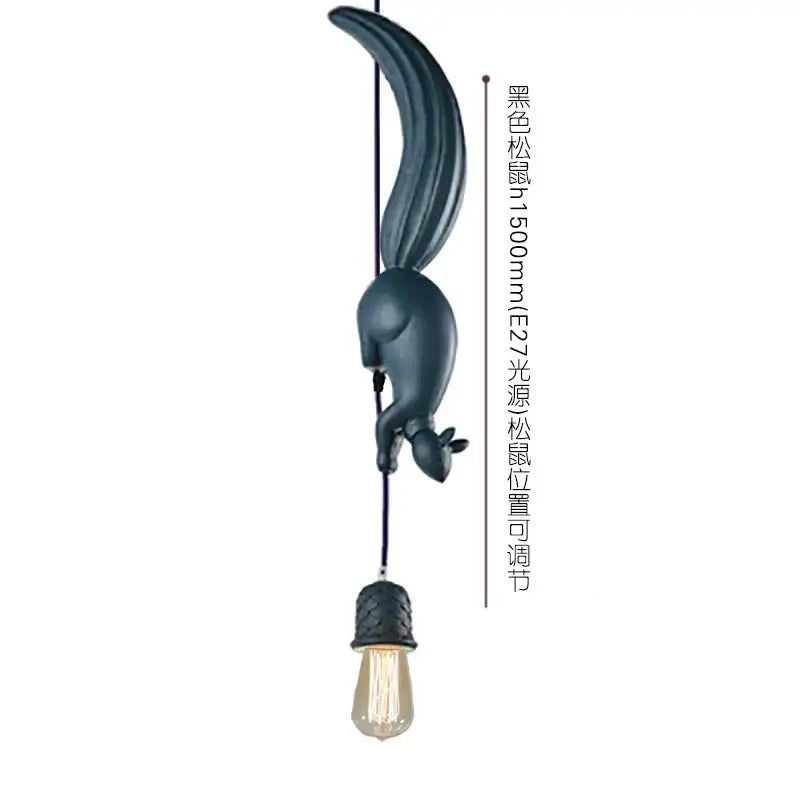 Dark blue matte squirrel-shaped pendant light with textured black cord and exposed edison bulb decorative focal point