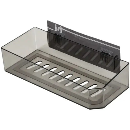 Transparent gray plastic wall-mounted soap dish with slotted base and adhesive backing for bathroom shelves wall storage rack